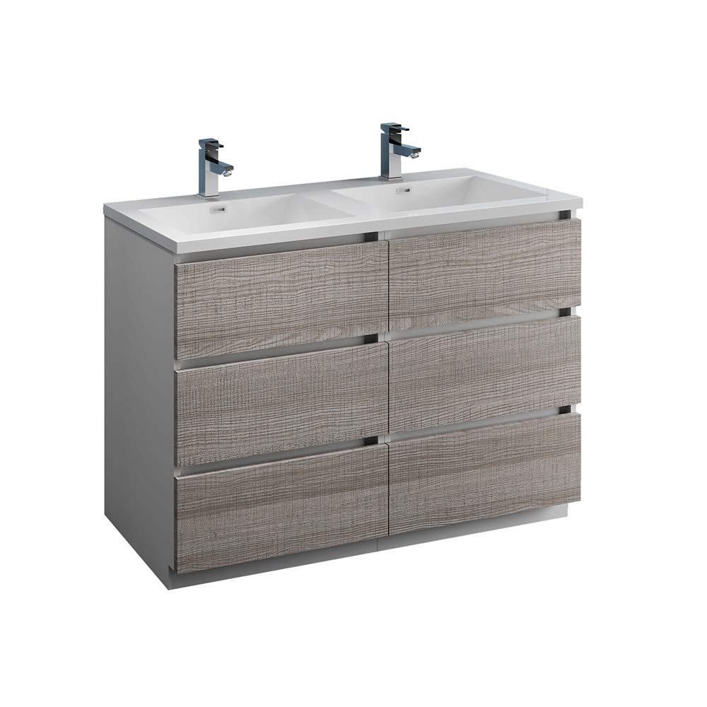 Fresca FCB93-2424HA-D-I Fresca Lazzaro 48" Glossy Ash Gray Free Standing Modern Bathroom Cabinet w/ Integrated Double Sink