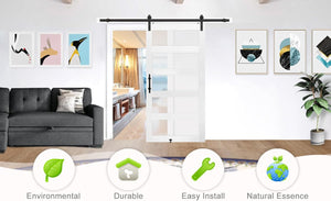 48 in x 84 in Glass Sliding MDF Barn Door with 8FT Sliding Door Hardware Kit, 5 Tempered Frosted Glass, Slab Inside Covered with Water-Proof PVC Surface, Simple DIY Assembly (Showroom Display for Sale)