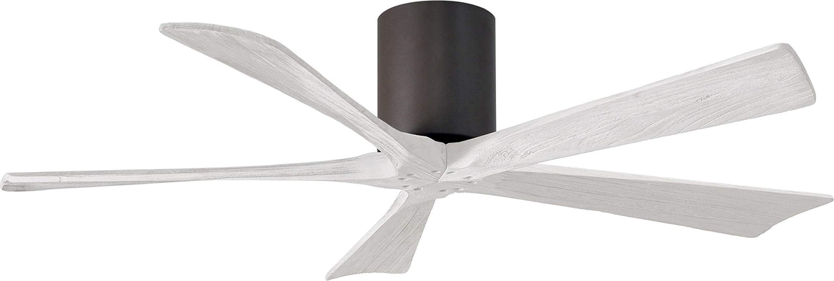 Matthews Fan IR5H-TB-MWH-52 Irene-5H five-blade flush mount paddle fan in Textured Bronze finish with 52” solid matte white wood blades. 