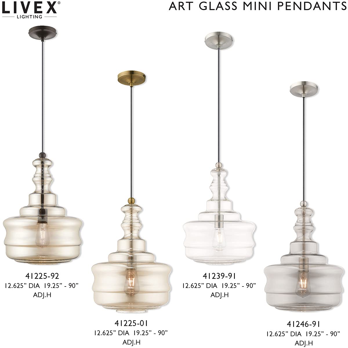 Livex Lighting 41239-91 Art Glass - 12.63" One Light Mini Pendant, Brushed Nickel Finish with Clear Glass