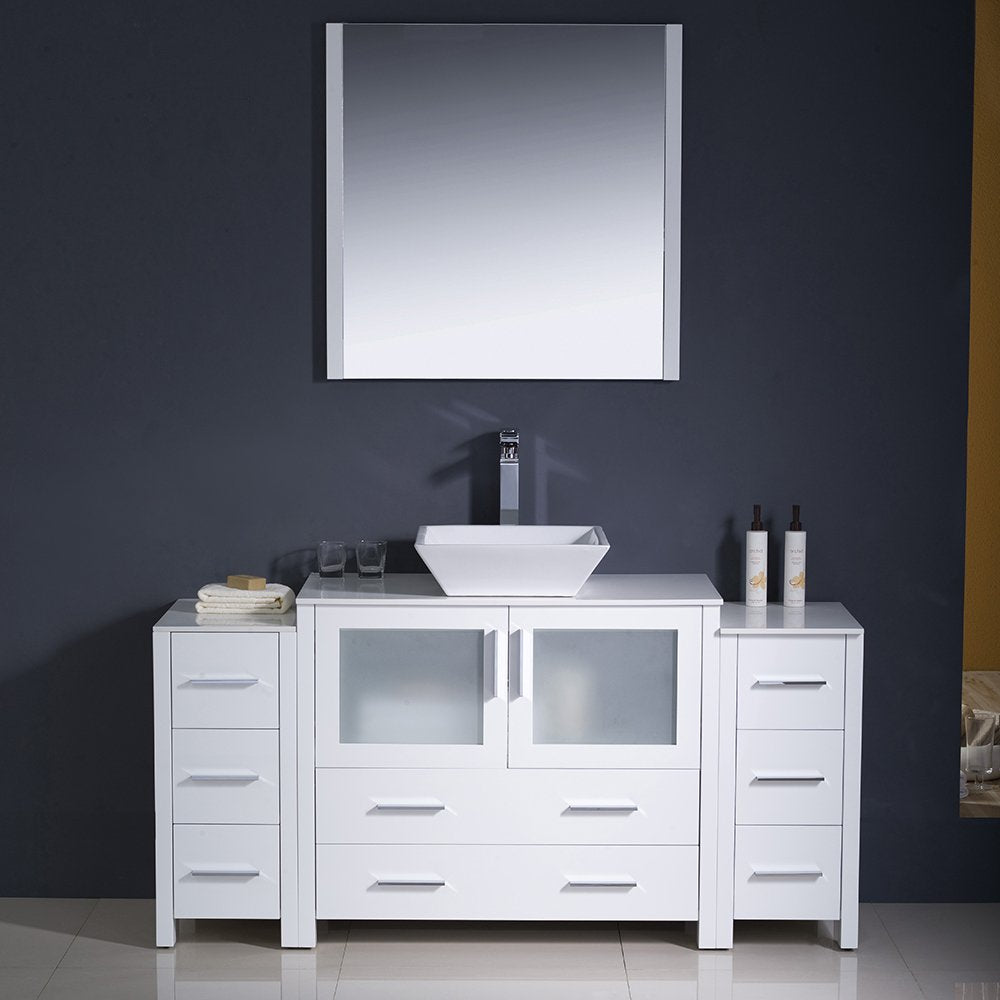 Fresca FVN62-123612WH-VSL Fresca Torino 60" White Modern Bathroom Vanity w/ 2 Side Cabinets & Vessel Sink