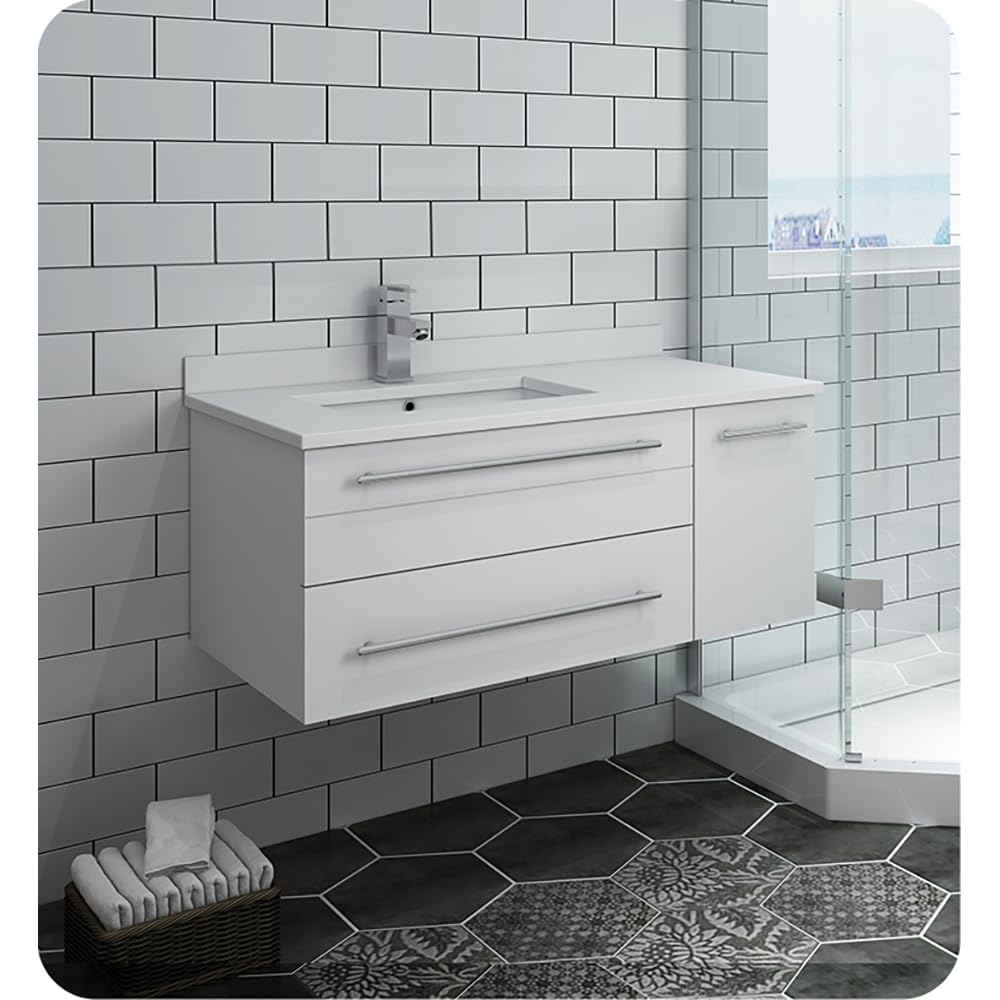 Fresca FCB6136WH-UNS-L-CWH-U Fresca Lucera 36" White Wall Hung Modern Bathroom Cabinet w/ Top & Undermount Sink - Left Version