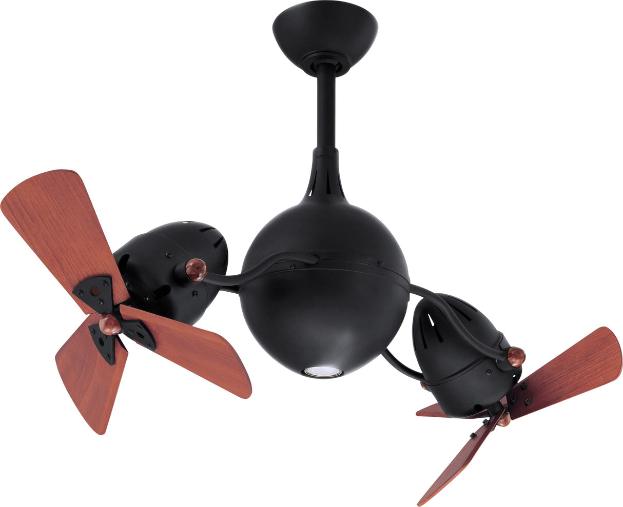 Matthews Fan AQ-BK-WD Acqua 360° rotational 3-speed ceiling fan in matte black finish with solid sustainable mahogany wood blades and light kit.