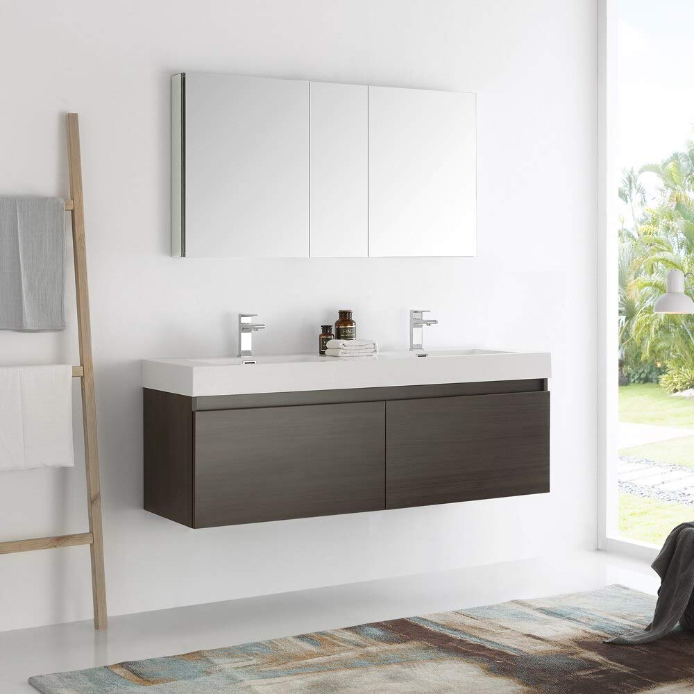 Fresca FVN8042GO Fresca Mezzo 60" Gray Oak Wall Hung Double Sink Modern Bathroom Vanity w/ Medicine Cabinet
