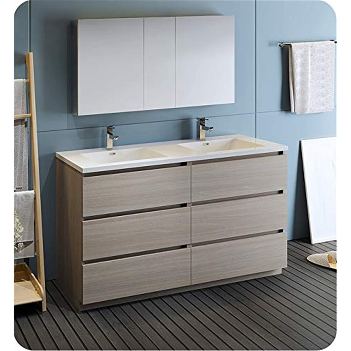 Fresca FVN93-3030MGO-D Fresca Lazzaro 60" Gray Wood Free Standing Double Sink Modern Bathroom Vanity w/ Medicine Cabinet