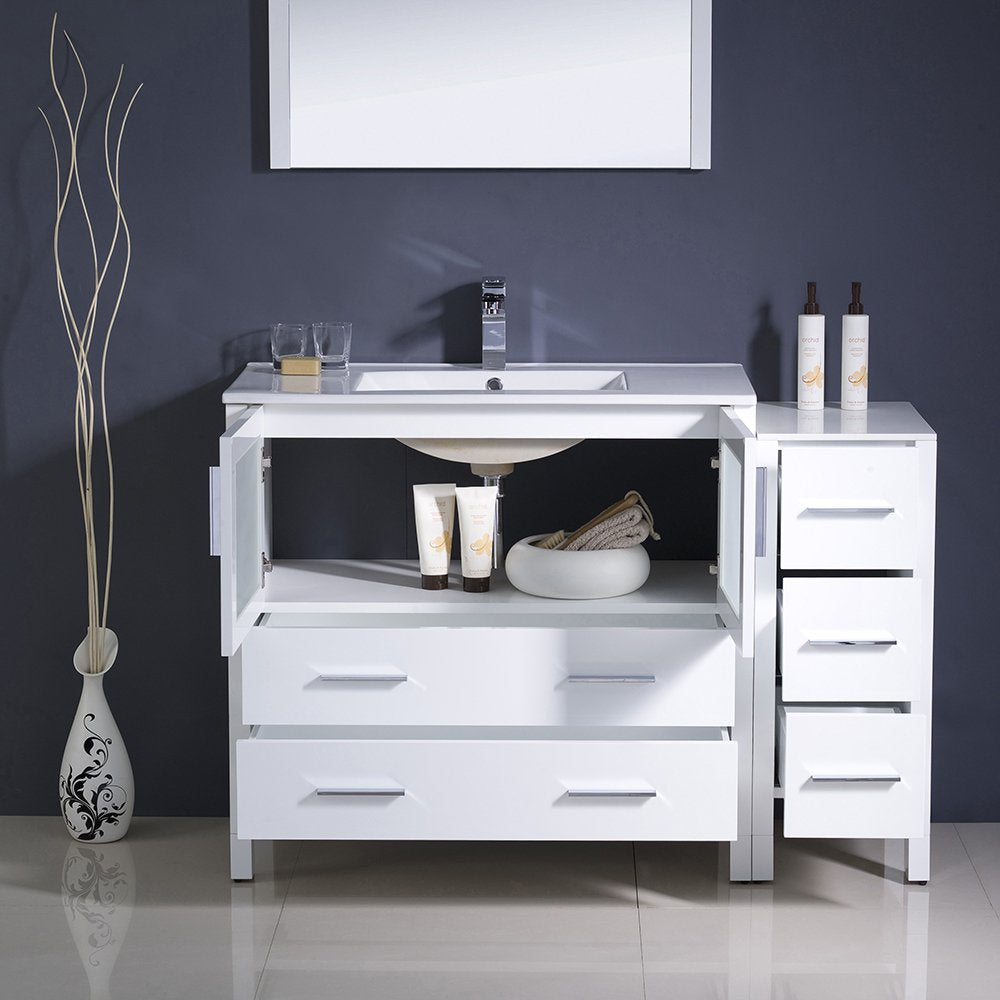 Fresca FVN62-3612WH-UNS Fresca Torino 48" White Modern Bathroom Vanity w/ Side Cabinet & Integrated Sink