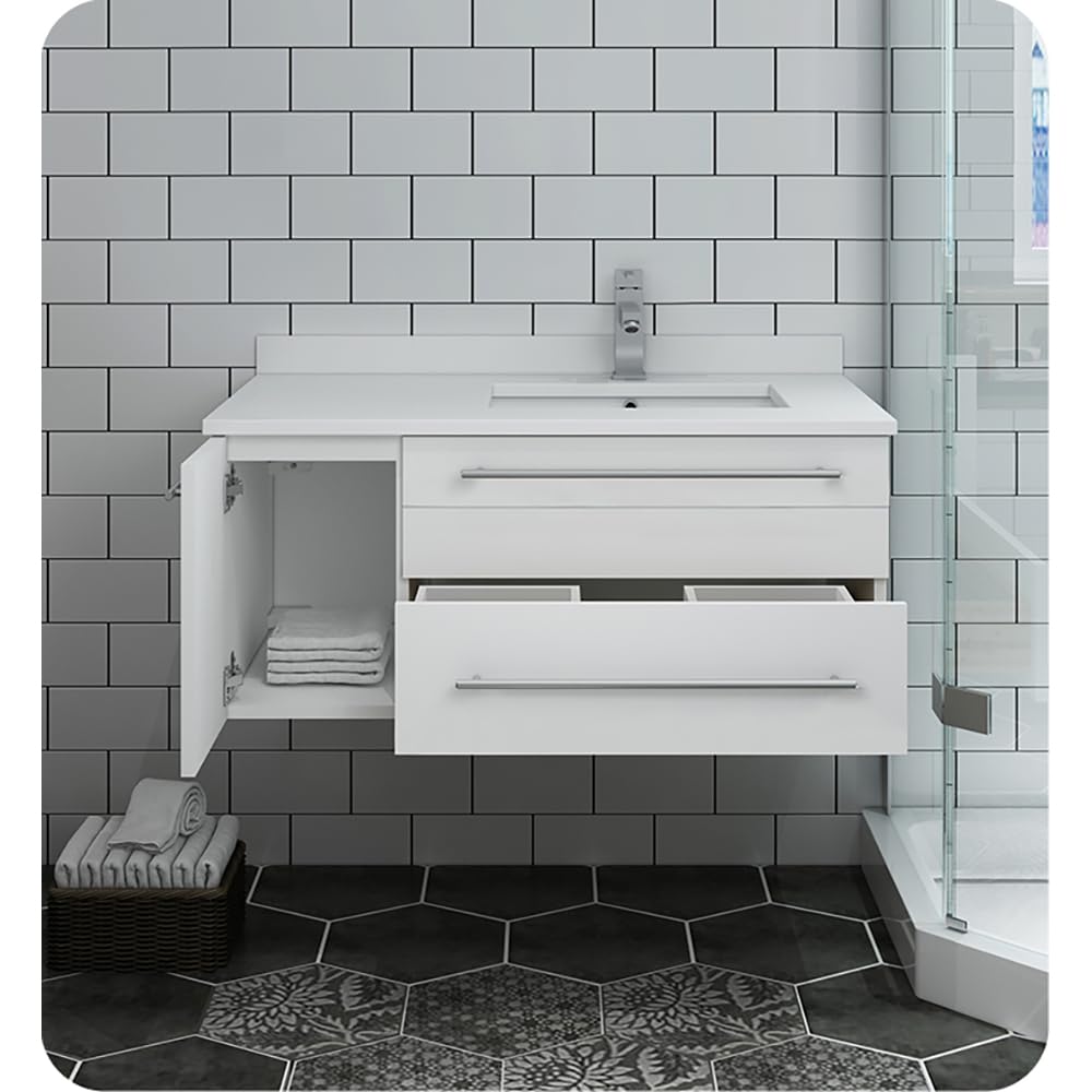 Fresca FCB6136WH-UNS-R-CWH-U Fresca Lucera 36" White Wall Hung Modern Bathroom Cabinet w/ Top & Undermount Sink - Right Version