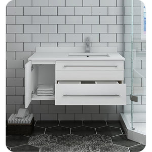 Fresca FCB6136WH-UNS-R-CWH-U Fresca Lucera 36" White Wall Hung Modern Bathroom Cabinet w/ Top & Undermount Sink - Right Version