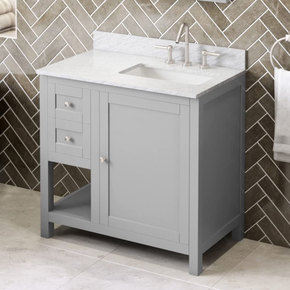Jeffrey Alexander VKITAST36GRWCR 36" Grey Astoria Vanity, right offset, White Carrara Marble Vanity Top, undermount rectangle bowl