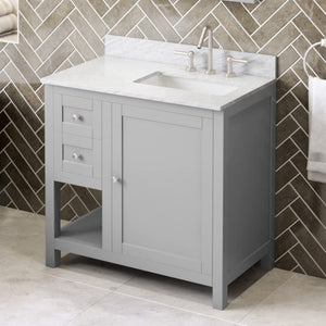 Jeffrey Alexander VKITAST36GRWCR 36" Grey Astoria Vanity, right offset, White Carrara Marble Vanity Top, undermount rectangle bowl