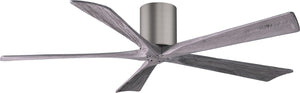 Matthews Fan IR5H-BP-BW-60 Irene-5H five-blade flush mount paddle fan in Brushed Pewter finish with 60” solid barn wood tone blades. 