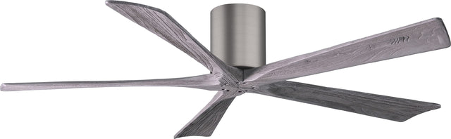 Matthews Fan IR5H-BP-BW-60 Irene-5H five-blade flush mount paddle fan in Brushed Pewter finish with 60” solid barn wood tone blades. 