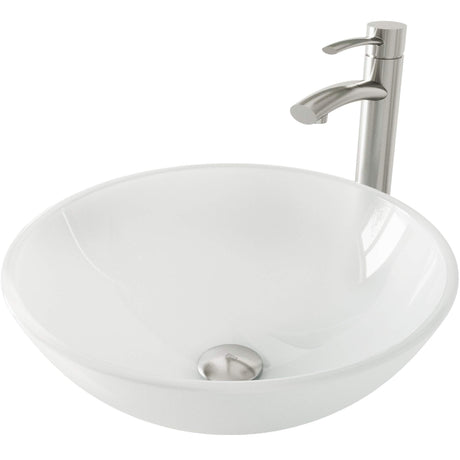 VIGO VGT1051 16.5" L -16.5" W -12.5" H Handmade Countertop Glass Round Vessel Bathroom Sink Set in White Frost Finish with Brushed Nickel Single-Handle Single Hole Faucet and Pop Up Drain