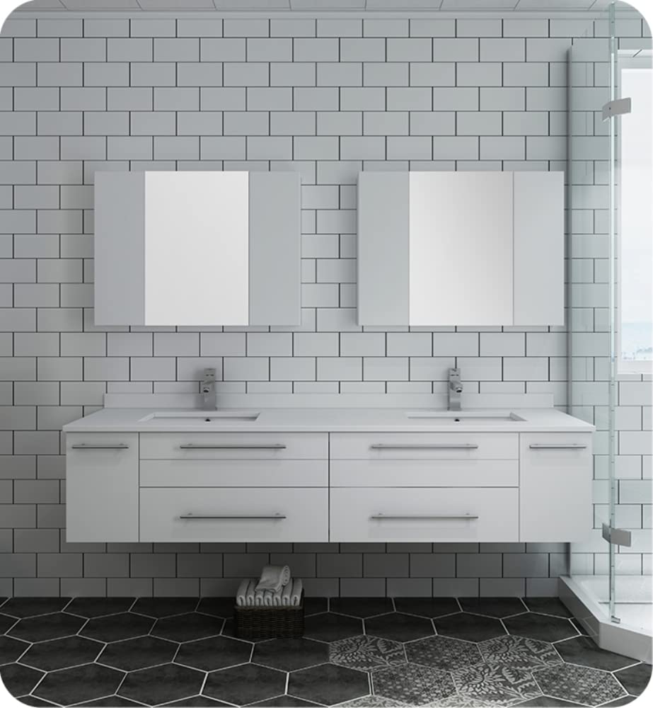 Fresca FVN6172WH-UNS-D Fresca Lucera 72" White Wall Hung Double Undermount Sink Modern Bathroom Vanity w/ Medicine Cabinets