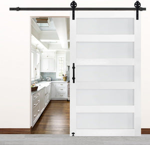 48 in x 84 in Glass Sliding MDF Barn Door with 8FT Sliding Door Hardware Kit, 5 Tempered Frosted Glass, Slab Inside Covered with Water-Proof PVC Surface, Simple DIY Assembly (Showroom Display for Sale)