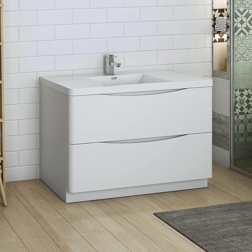 Fresca FCB9148WH-I Fresca Tuscany 48" Glossy White Free Standing Modern Bathroom Cabinet w/ Integrated Sink