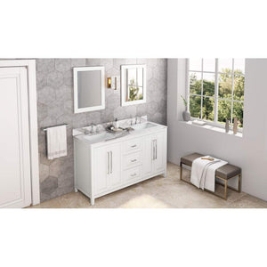 Jeffrey Alexander VKITCAD60WHCQR 60" White Cade Vanity, double bowl, Calacatta Vienna Quartz Vanity Top, undermount rectangle bowl
