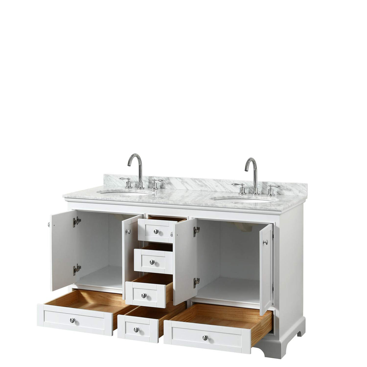 Deborah 60 Inch Double Bathroom Vanity in White White Carrara Marble Countertop Undermount Oval Sinks and No Mirrors