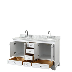 Deborah 60 Inch Double Bathroom Vanity in White White Carrara Marble Countertop Undermount Oval Sinks and No Mirrors