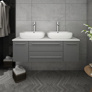 Fresca FCB6148WH-VSL-D-CWH-V Fresca Lucera 48" White Wall Hung Modern Bathroom Cabinet w/ Top & Double Vessel Sinks