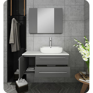 Fresca FVN6136GR-VSL-R Fresca Lucera 36" Gray Wall Hung Vessel Sink Modern Bathroom Vanity w/ Medicine Cabinet - Right Version