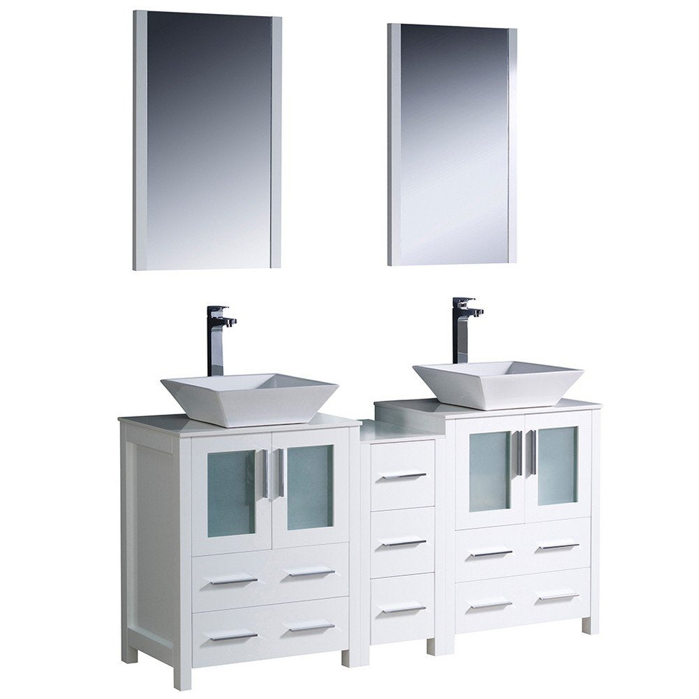 Fresca FVN62-241224WH-VSL Fresca Torino 60" White Modern Double Sink Bathroom Vanity w/ Side Cabinet & Vessel Sinks