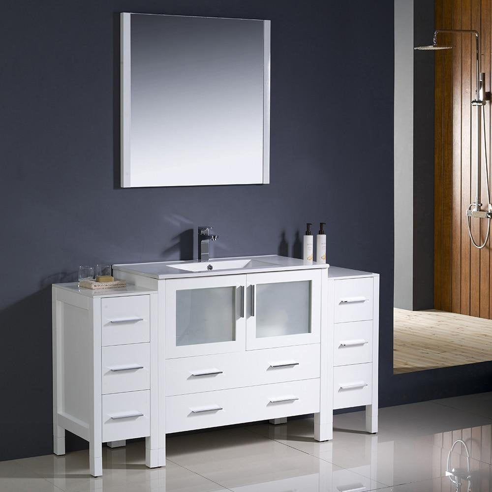 Fresca FVN62-123612WH-UNS Fresca Torino 60" White Modern Bathroom Vanity w/ 2 Side Cabinets & Integrated Sink