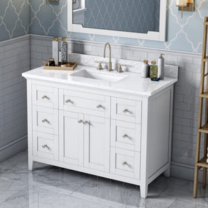 Jeffrey Alexander VKITCHA48WHWCR 48" White Chatham Vanity, White Carrara Marble Vanity Top, undermount rectangle bowl