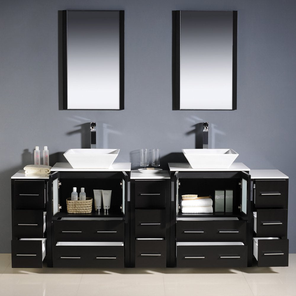 Fresca FVN62-72ES-VSL Fresca Torino 84" Espresso Modern Double Sink Bathroom Vanity w/ 3 Side Cabinets & Vessel Sinks