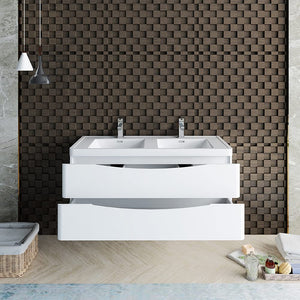 Fresca FCB9048WH-D-I Fresca Tuscany 48" Glossy White Wall Hung Modern Bathroom Cabinet w/ Integrated Double Sink