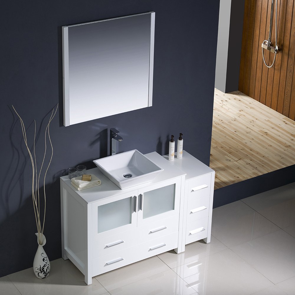 Fresca FVN62-3612WH-VSL Fresca Torino 48" White Modern Bathroom Vanity w/ Side Cabinet & Vessel Sink