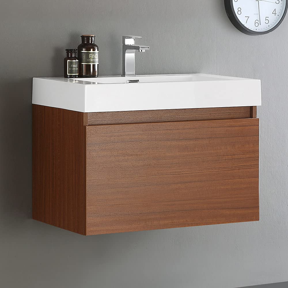 Fresca FCB8007TK-I Fresca Mezzo 30" Teak Wall Hung Modern Bathroom Cabinet w/ Integrated Sink