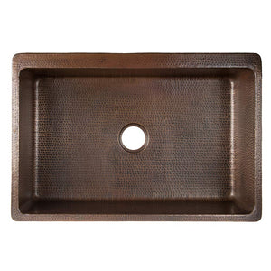 Premier Copper Products 33-Inch Hammered Copper Apron Front Single Basin Kitchen Sink w/ Scroll Design and Nickel Background