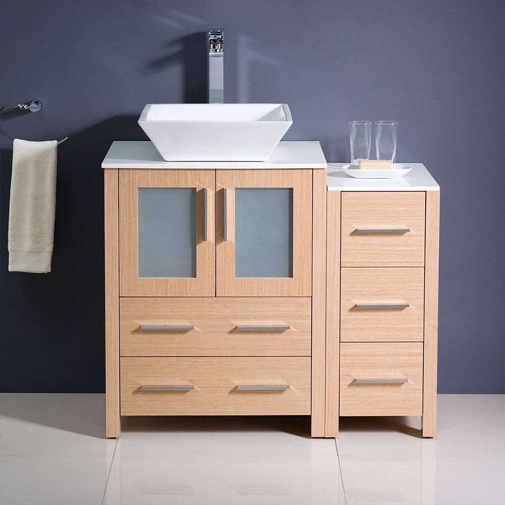 Fresca FCB62-2412WH-CWH-V Fresca Torino 36" White Modern Bathroom Cabinets w/ Top & Vessel Sink
