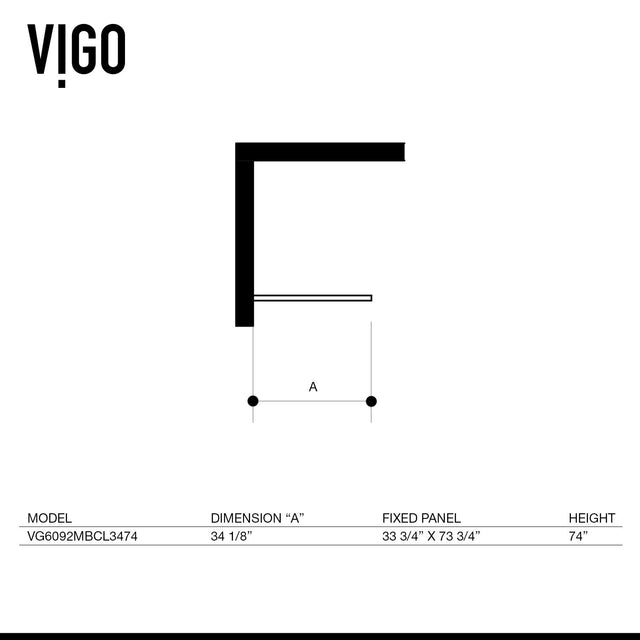 VIGO Zenith Fixed Glass Shower Wall Panels | Framed Mosaic Grid Tempered Shower Glass Panel for Walk-in Bathroom (1" L x 34.125" W x 74" H) | Clear Glass Shower Panel with Matte Black Hardware Finish