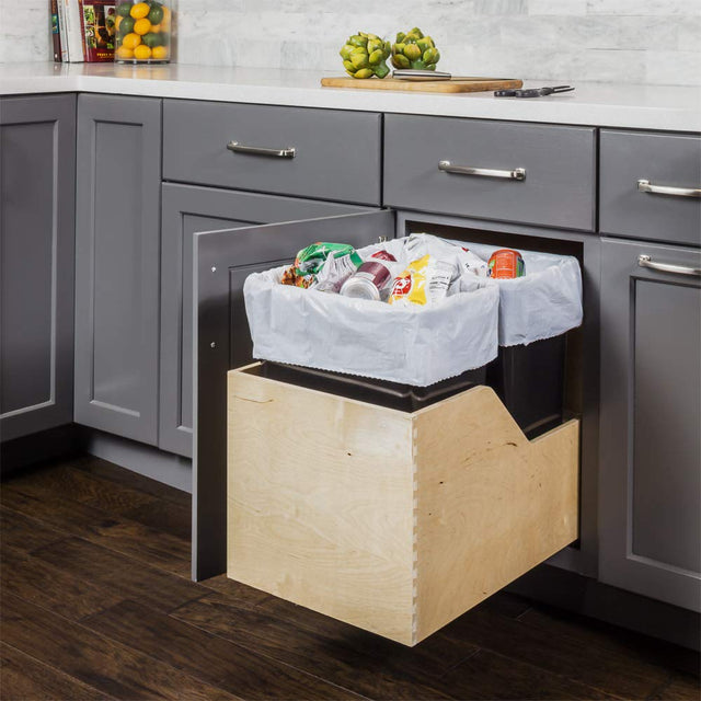 Hardware Resources CAN-WBMD35B Double 35 Quart Wood Bottom-Mount Soft-close Trashcan Rollout for Hinged Doors, Includes Two Black Cans