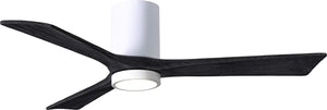 Matthews Fan IR3HLK-WH-BK-52 Irene-3HLK three-blade flush mount paddle fan in Gloss White finish with 52” solid matte black wood blades and integrated LED light kit.