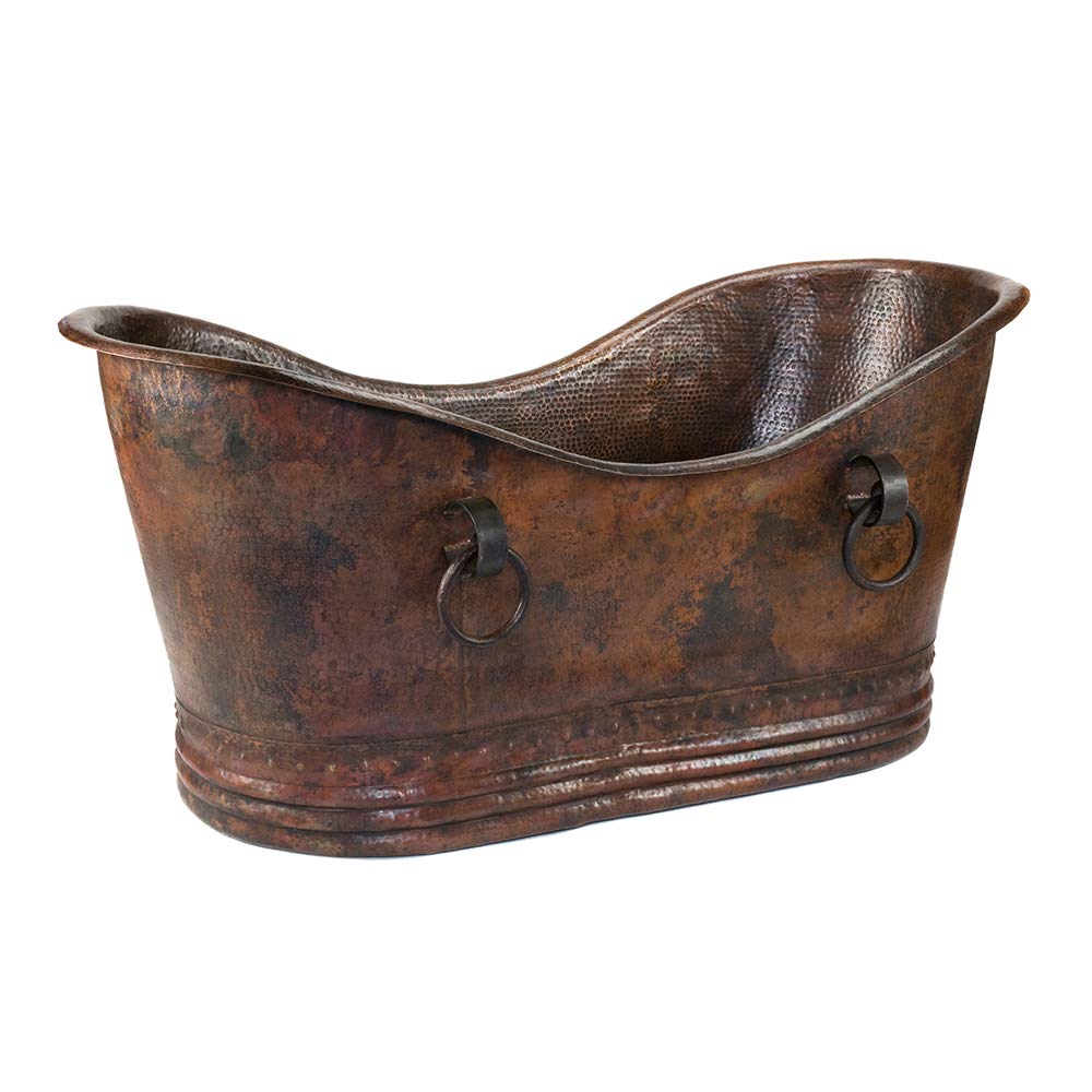 Premier Copper Products BTDR67DB 67-Inch Hammered Copper Double Slipper Bathtub with Rings, Oil Rubbed Bronze