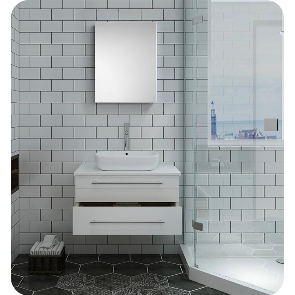 Fresca FVN6130WH-VSL Fresca Lucera 30" White Wall Hung Vessel Sink Modern Bathroom Vanity w/ Medicine Cabinet