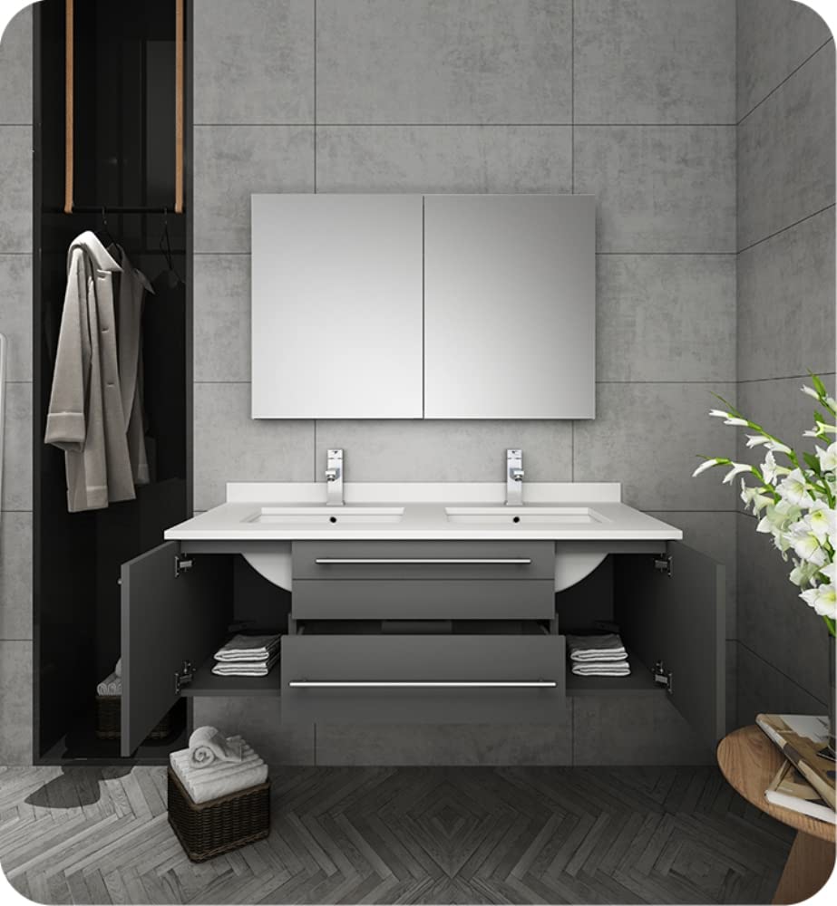 Fresca FVN6148GR-UNS-D Fresca Lucera 48" Gray Wall Hung Double Undermount Sink Modern Bathroom Vanity w/ Medicine Cabinet