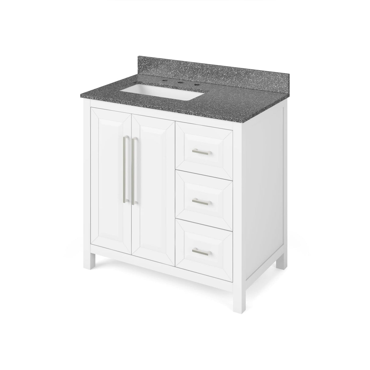 Jeffrey Alexander VKITCAD36WHBOR 36" White Cade Vanity, left offset, Boulder Vanity Cultured Marble Vanity Top, undermount rectangle bowl