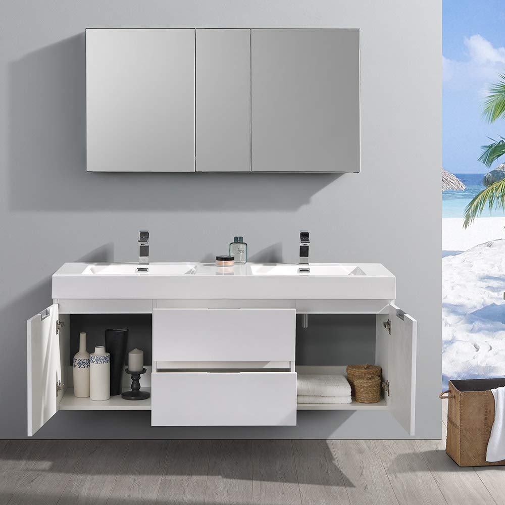 Fresca FVN8360WH-D Fresca Valencia 60" Glossy White Wall Hung Double Sink Modern Bathroom Vanity w/ Medicine Cabinet