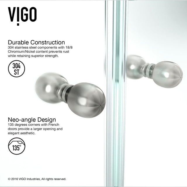 VIGO VG6063BNCL47 45.63" -45.63" W -73.38" H Frameless Hinged Neo-angle Shower Enclosure with Clear 0.38" Tempered Glass and Stainless Steel Hardware in Brushed Nickel Finish with Reversible Handle