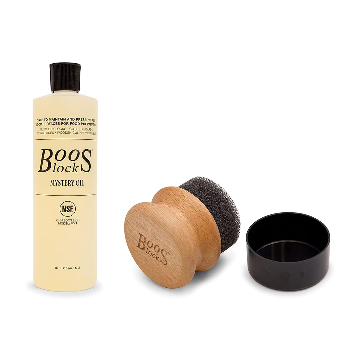 John Boos MYS1APP 2 Piece Cutting Charcuterie Board Care & Maintenance Set with 16 Oz Food Safe Mystery Oil Bottle and Applicator, Wooden Kitchen Essentials MYS OIL 16OZ (1) /APPLICRND