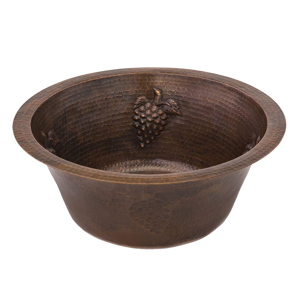 Premier Copper Products BR16GDB3 16-Inch Universal Round Hammered Copper with Grapes Sink and 3.5-Inch Drain Size, Oil Rubbed Bronze