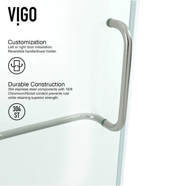 VIGO 30 in. x 46 in. x 73 in. Monteray Frameless Hinged Rectangle Shower Enclosure with Clear 0.38" Tempered Glass and Hardware in Brushed Nickel Finish with Reversible Handle - VG6011BNCL48