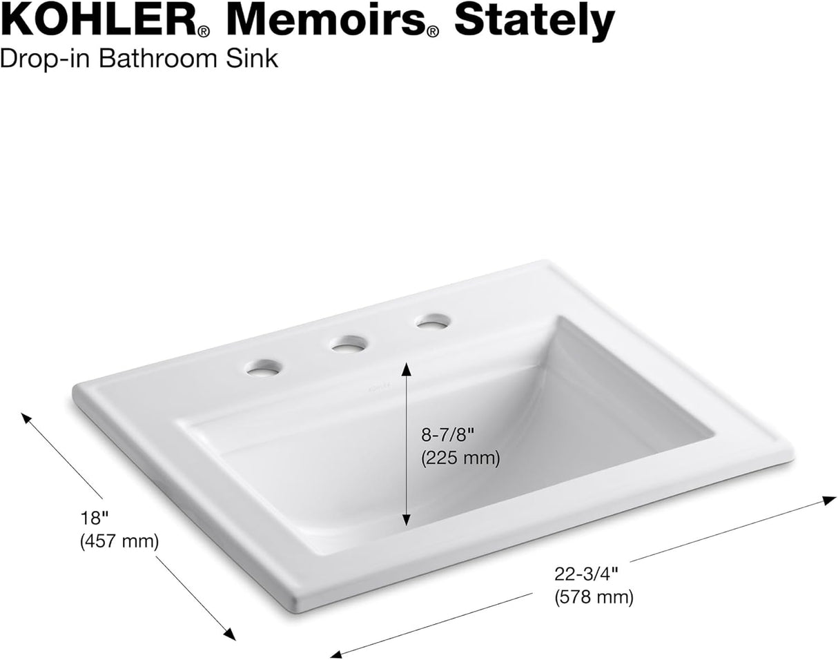 KOHLER K-2337-8-17 Memoirs Stately Rectanglar Drop in Bathroom Sink, 22 3/4", White