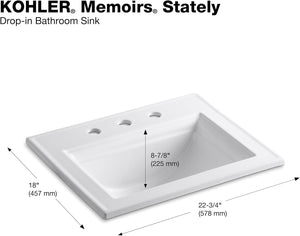 KOHLER K-2337-8-17 Memoirs Stately Rectanglar Drop in Bathroom Sink, 22 3/4", White