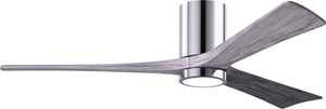 Matthews Fan IR3HLK-CR-BW-60 Irene-3HLK three-blade flush mount paddle fan in Polished Chrome finish with 60” solid barn wood tone blades and integrated LED light kit.