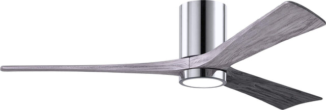 Matthews Fan IR3HLK-CR-BW-60 Irene-3HLK three-blade flush mount paddle fan in Polished Chrome finish with 60” solid barn wood tone blades and integrated LED light kit.